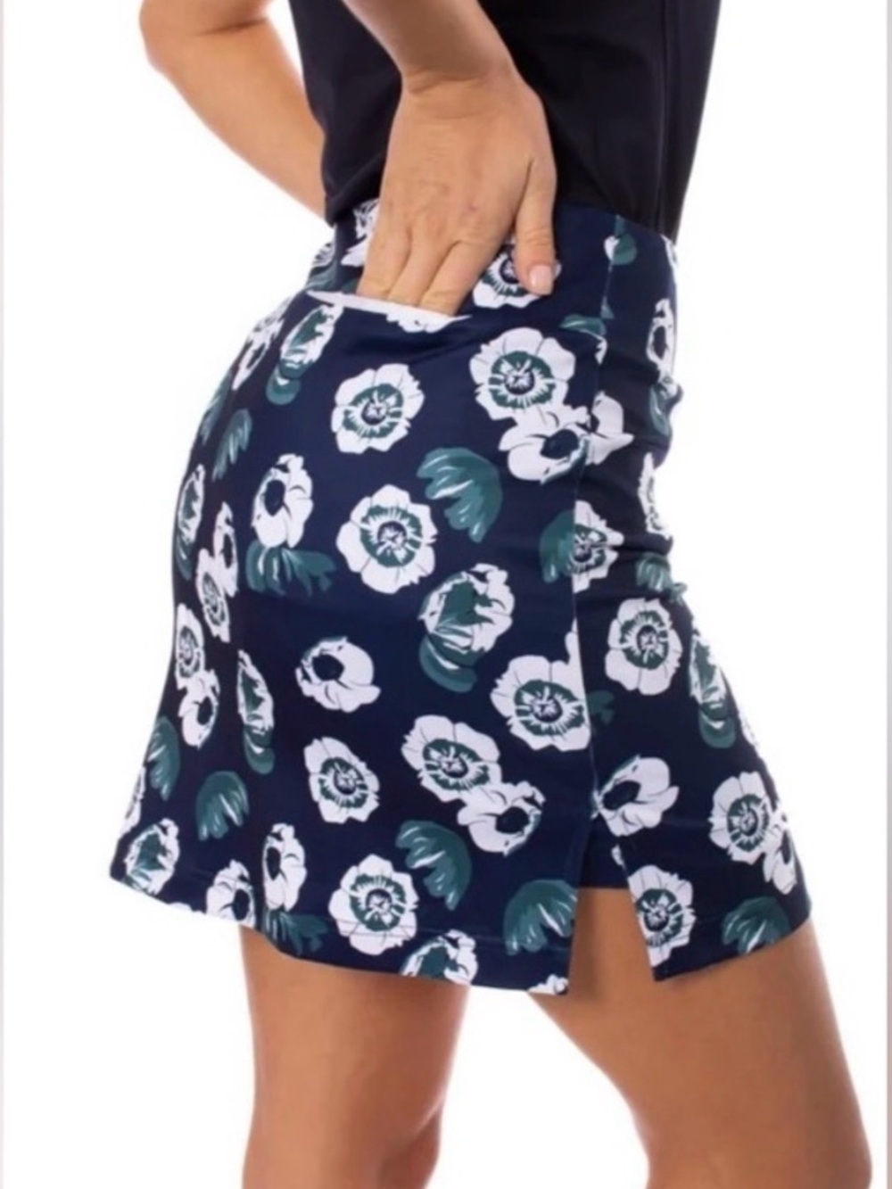 Floral Navy Stretch A-Line Skirt